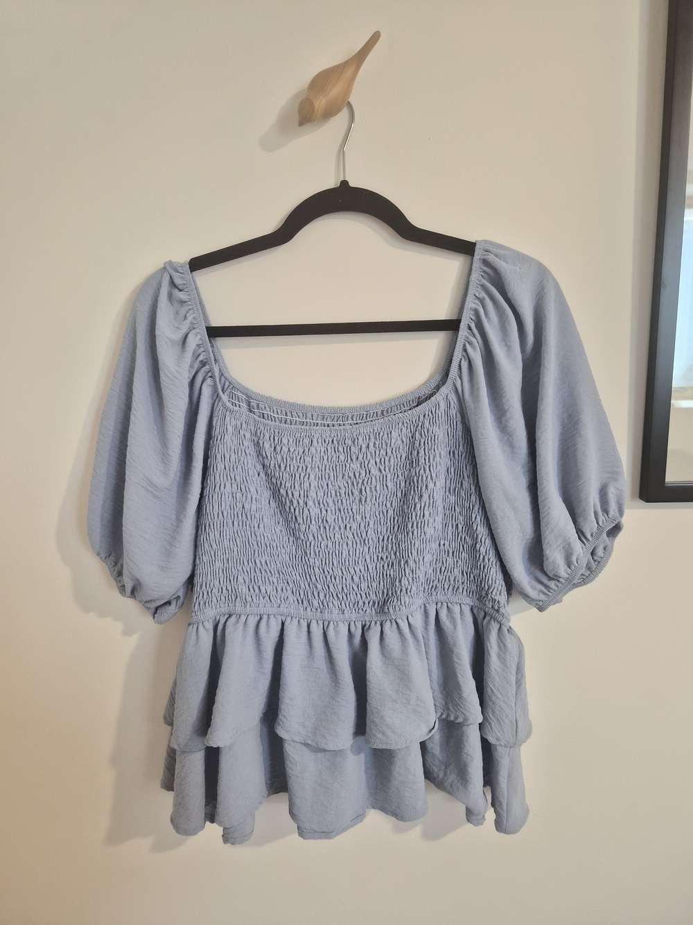Light Blue Smocked Peplum Puff Sleeve Top